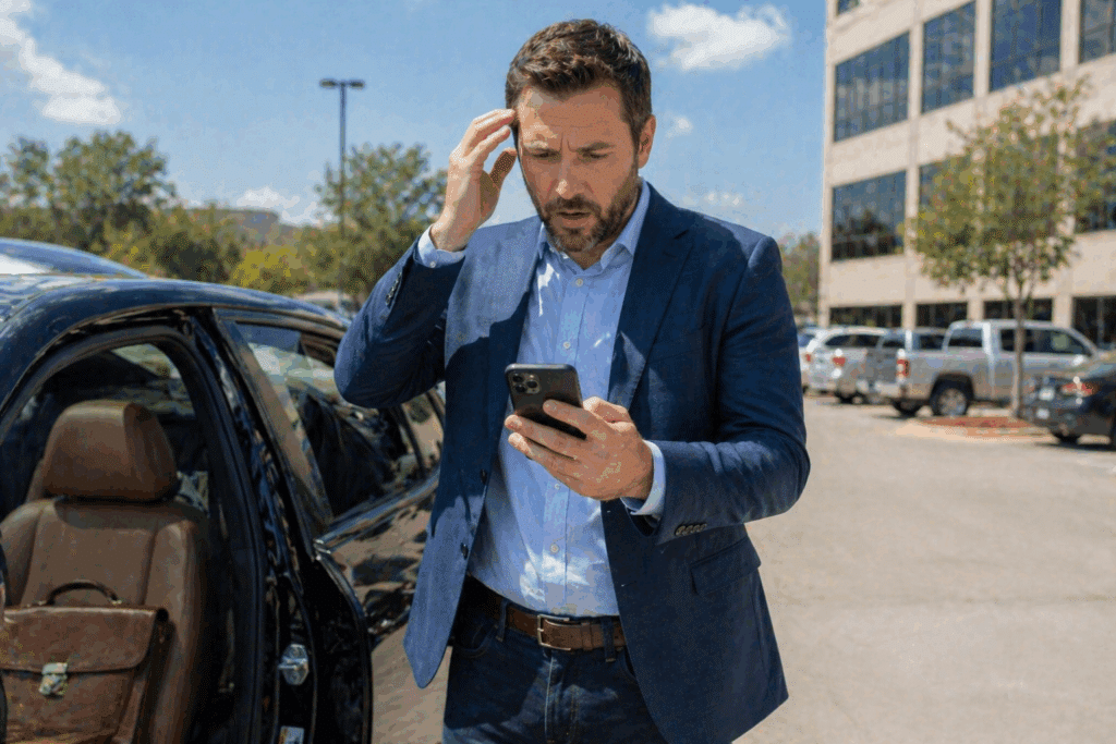 Real estate professional checking a phone beside an open car door