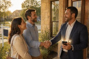 Real estate agent shaking hands with a client outside a home