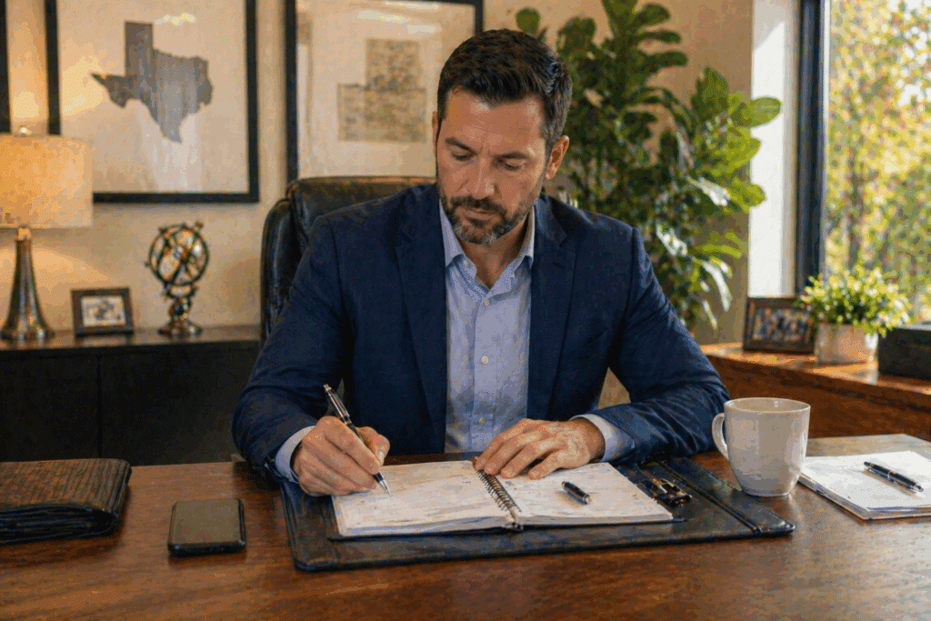 Real estate professional writing notes at an office desk