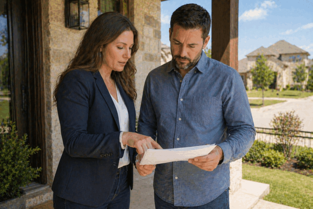 Real estate agent reviewing documents with a client outside a home