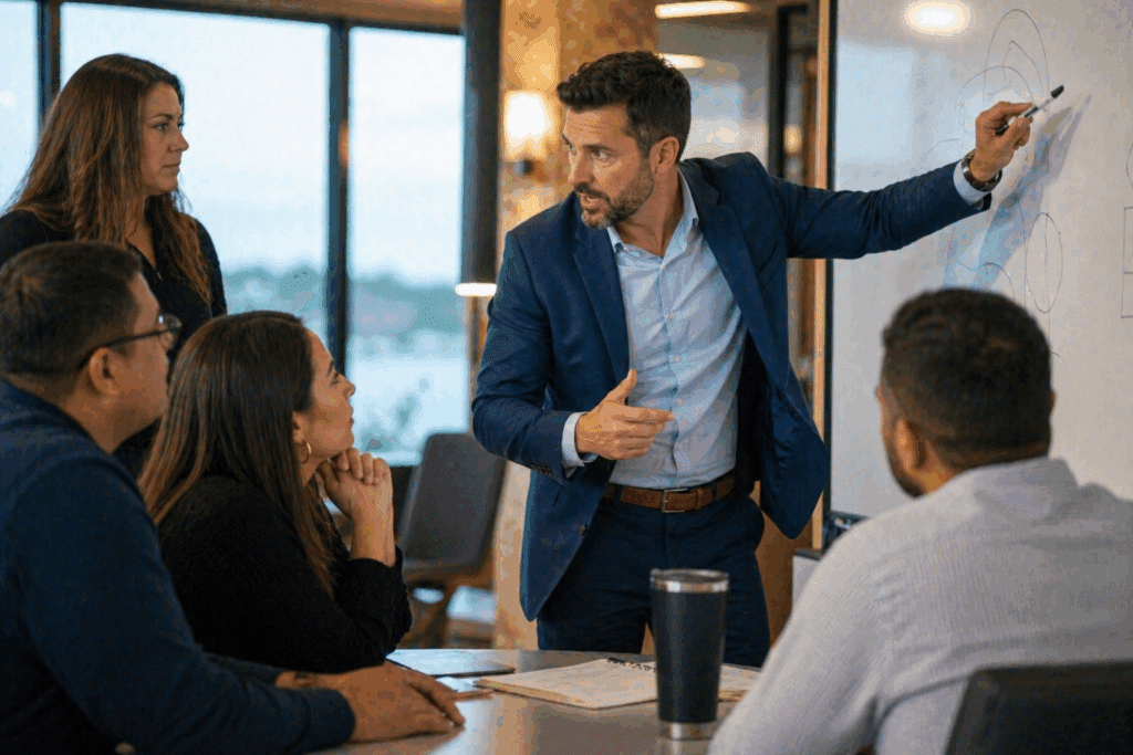 Man leading a team on a white board discussing important events