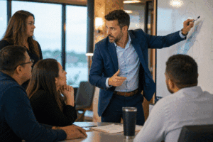 Man leading a team on a white board discussing important events