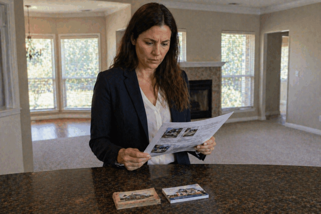 Real estate agent reviewing a property flyer inside an empty home Searching for brochures about home inspectors