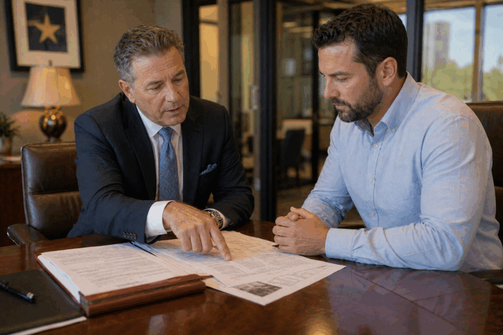 Two men reviewing real estate documents at an office table