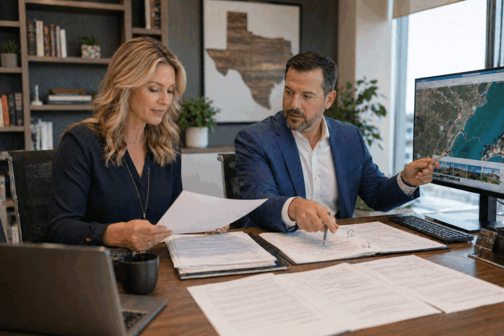 Two real estate professionals looking over a map and reviewing documents simultaneously