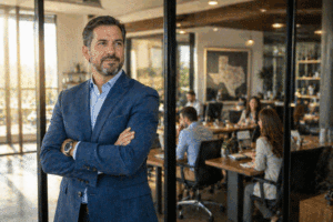 Real estate professional standing in an office with a team meeting behind him