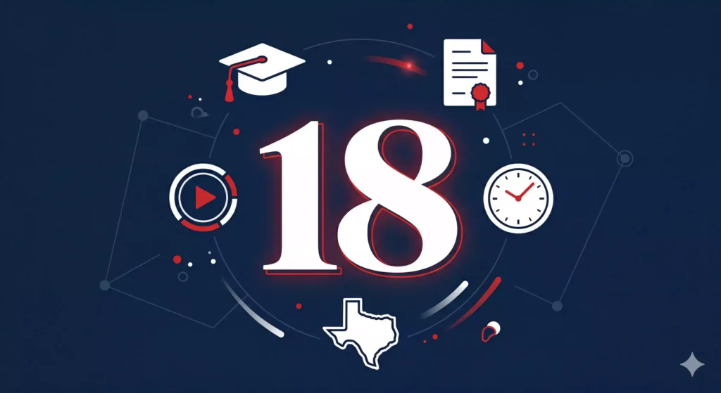 Infographic showing 18 hours of required TREC CE for 2026 with icons for education, legal updates, and Texas