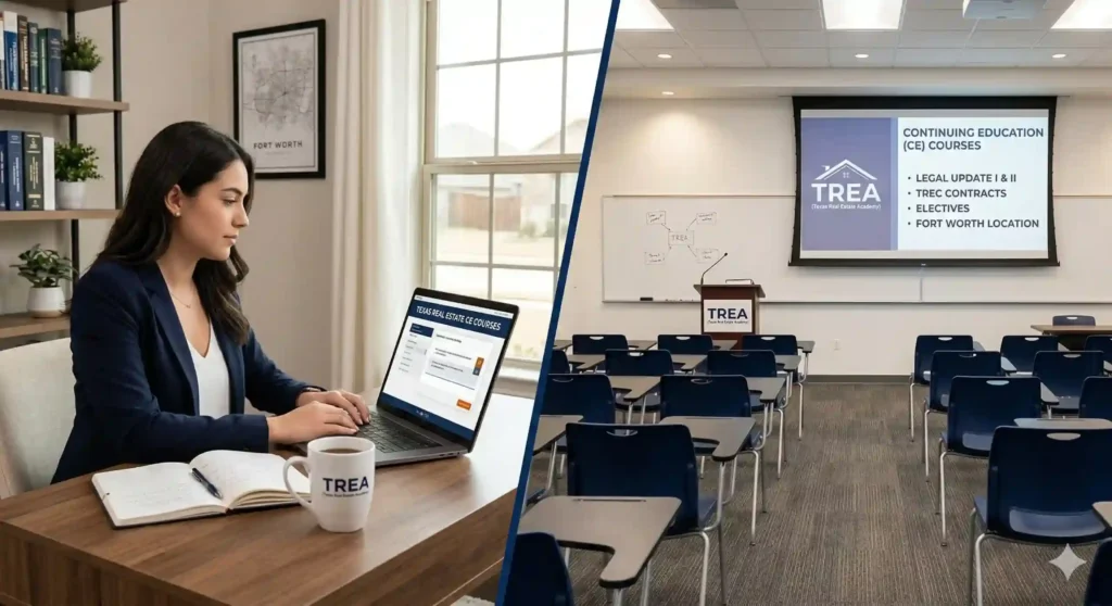 Split image comparing online CE on a laptop at home versus in-person classroom CE for Texas real estate agents