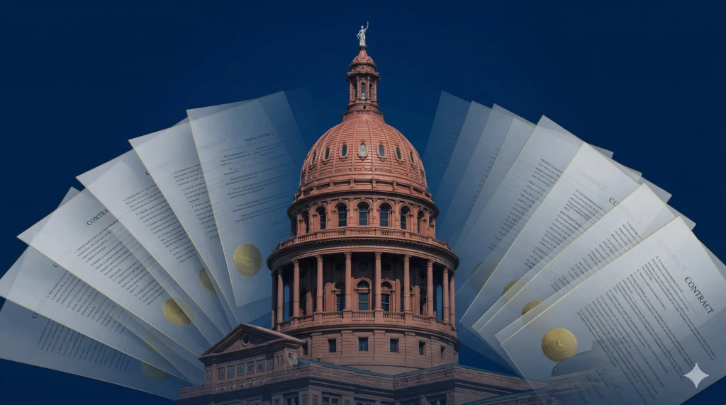 Texas capitol dome with legal documents overlay representing TREC Legal Update I and II CE courses