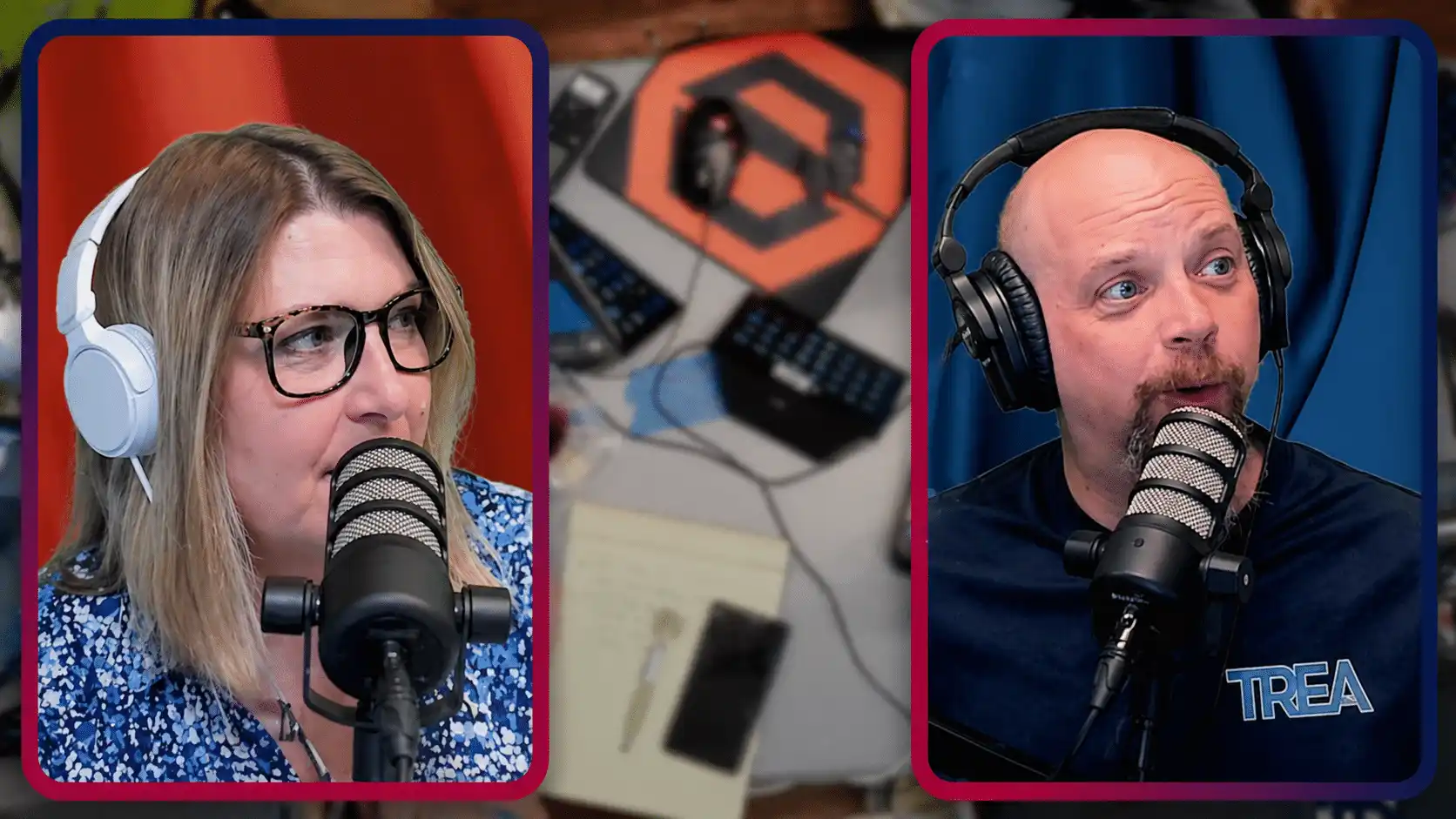 Michelle and David recording in the Texas Real Estate Academy studio with microphones and headphones.