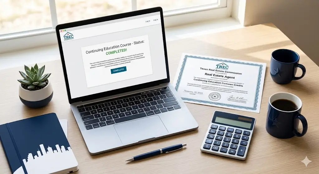 Texas real estate agent's desk with laptop, TREC certificate, and calculator representing 18 hours of required CE