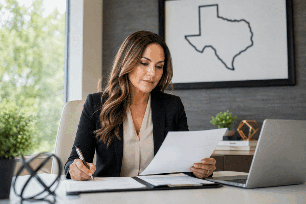 Texas real estate professional reviewing broker license requirements at a desk