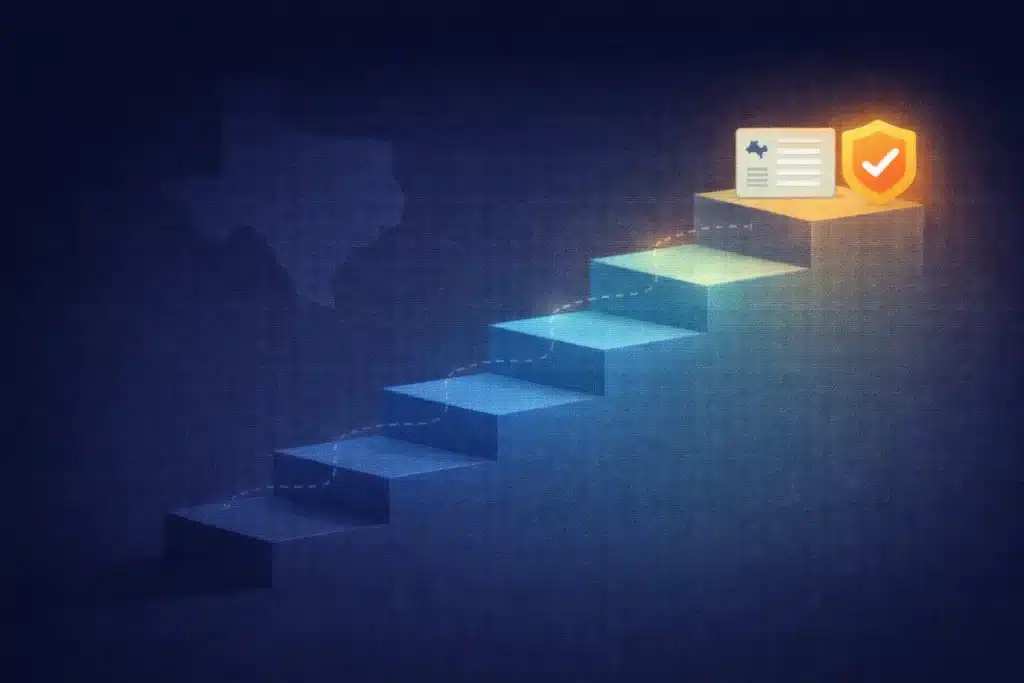 Step-by-step guide to renewing a Texas real estate license with ascending pathway illustration