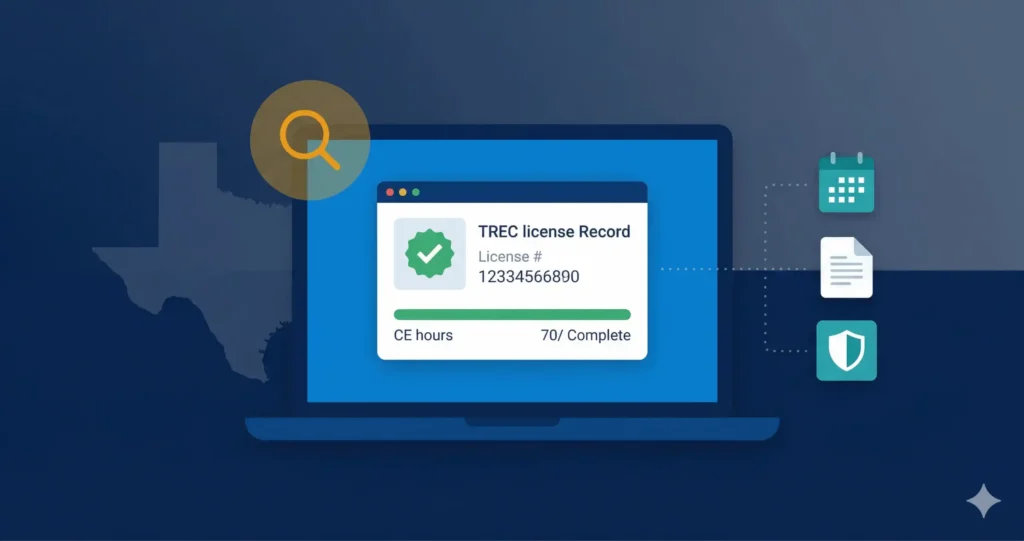 Digital license lookup screen showing Texas real estate license status, expiration date, and CE hours posted in TREC LARS system