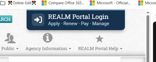 TREC website button labeled REALM Portal Login: Apply, Renew, Pay, Manage