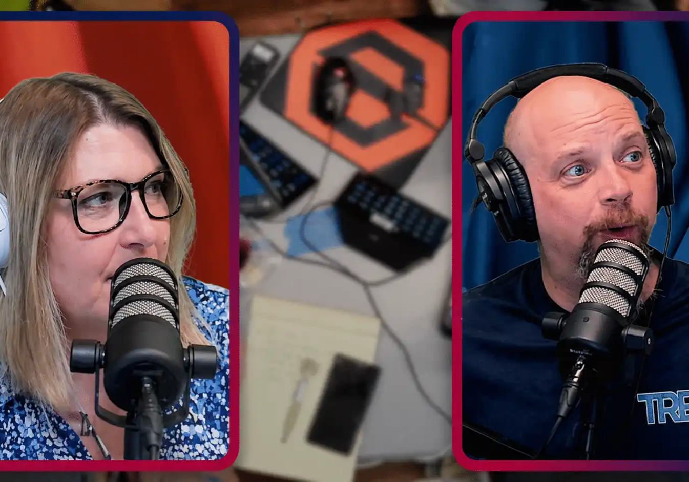 Michelle and David recording in the Texas Real Estate Academy studio with microphones and headphones.